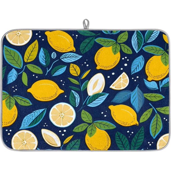 Lemon Blue Dish Drying Mat Absorbent Kitchen Counter Mat Microfiber Drainer Pad with Hanging Loop Kitchen Decor for Sinks Draining Utensils Pots Pans Countertop Dish Pads 16x18 Inch