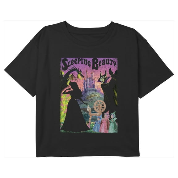 Girl's Sleeping Beauty Silhouette Poster Graphic Cropped T-Shirt Black Small