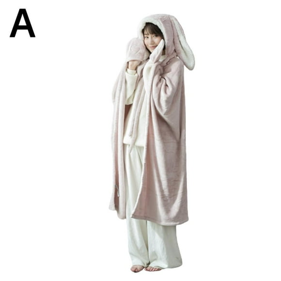 1x Cute Bunny Ears Blanket Super Soft Cozy Flannel Hoodie SleepingCloak S7B6