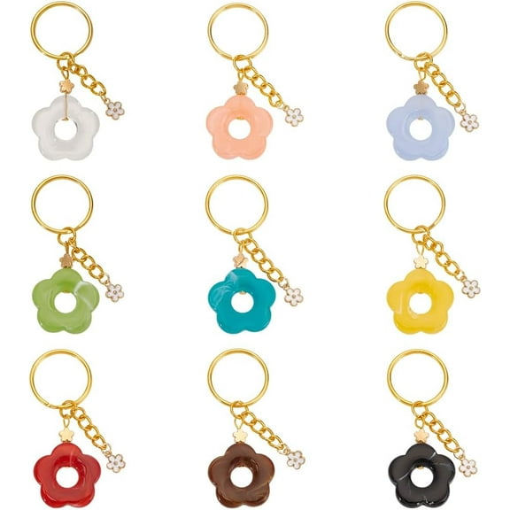 9 Pcs 9 Colors Flower Keychains Acrylic Floral Charms Keychain Multicolour Handbag Key Chains Decorative Key Chain Accessory for Purse Wallet Women Gifts
