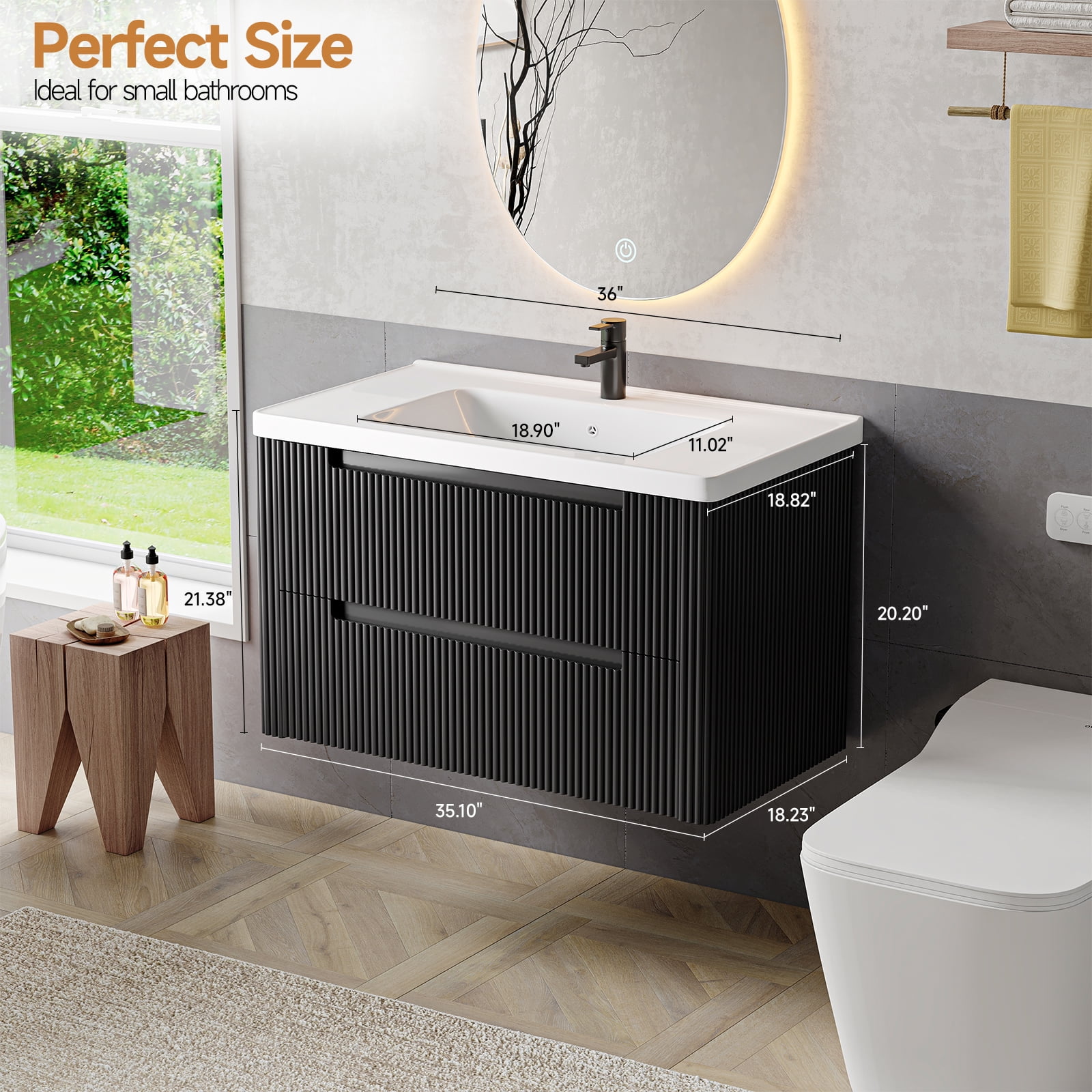 ROGALIS 36" Modern Bathroom Vanity, 2-Drawer, glossy resin Sink, Fluted Design,Black