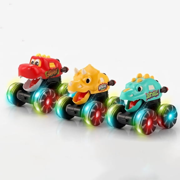 3 Pack Dinosaur Monster Truck Toys with Light-Up LED Wheels for Toddlers Kids