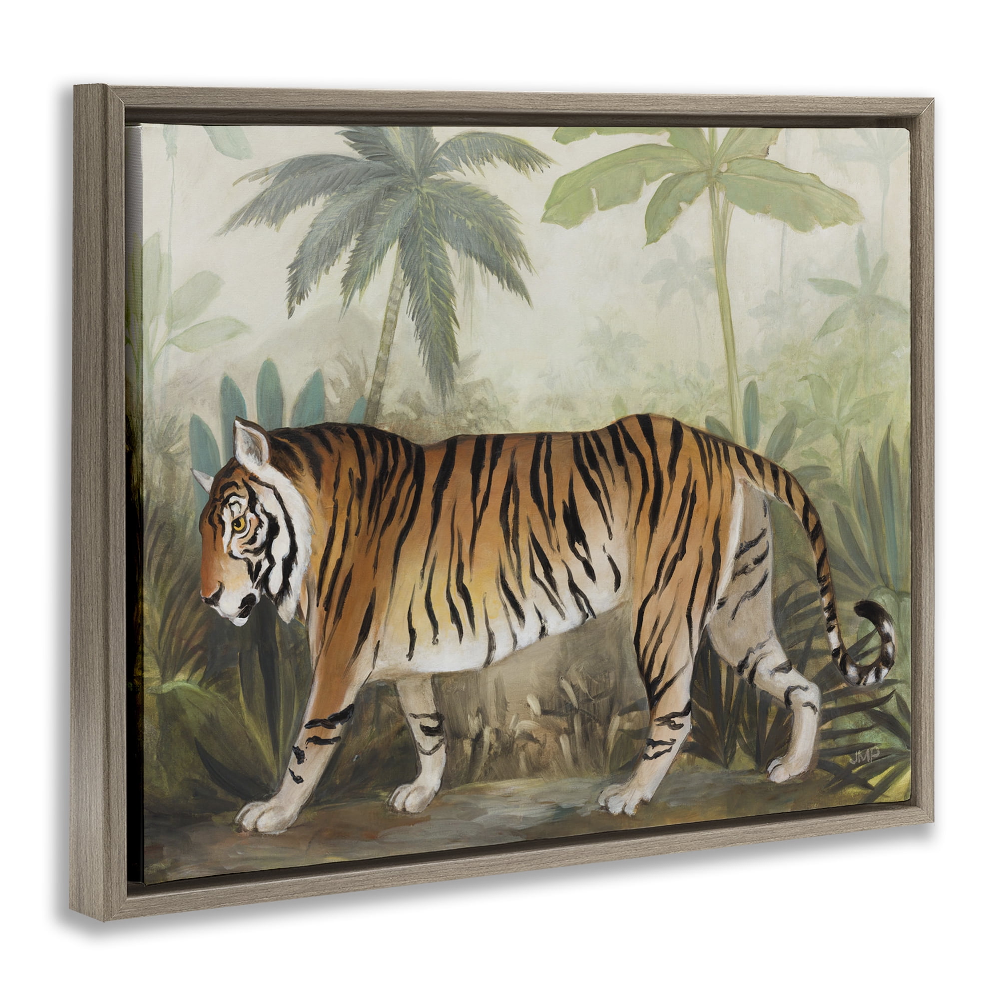 Stupell Industries Prowling Tiger in Forest Landscape Painting Brown Floater Framed Canvas Art Print Wall Art, 21 x 17