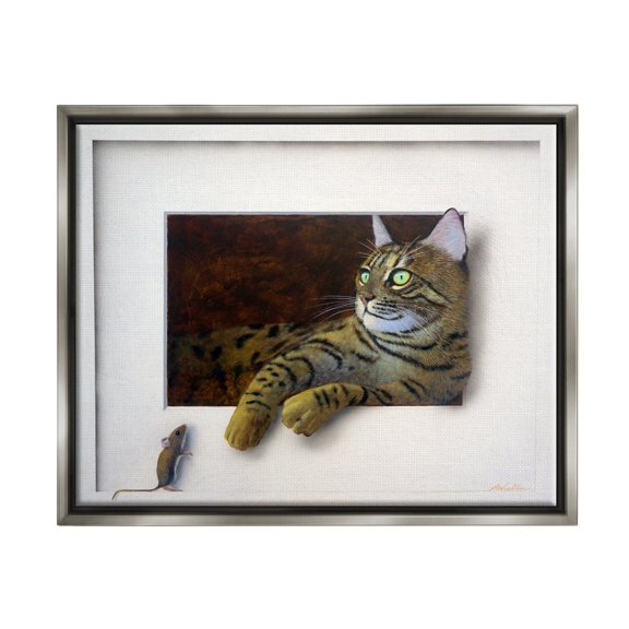 Stupell Industries Manx Cat Resting Curious Mouse Peering Illusion Painting Luster Gray Floating Framed Canvas Print Wall Art, Design by Alan Weston