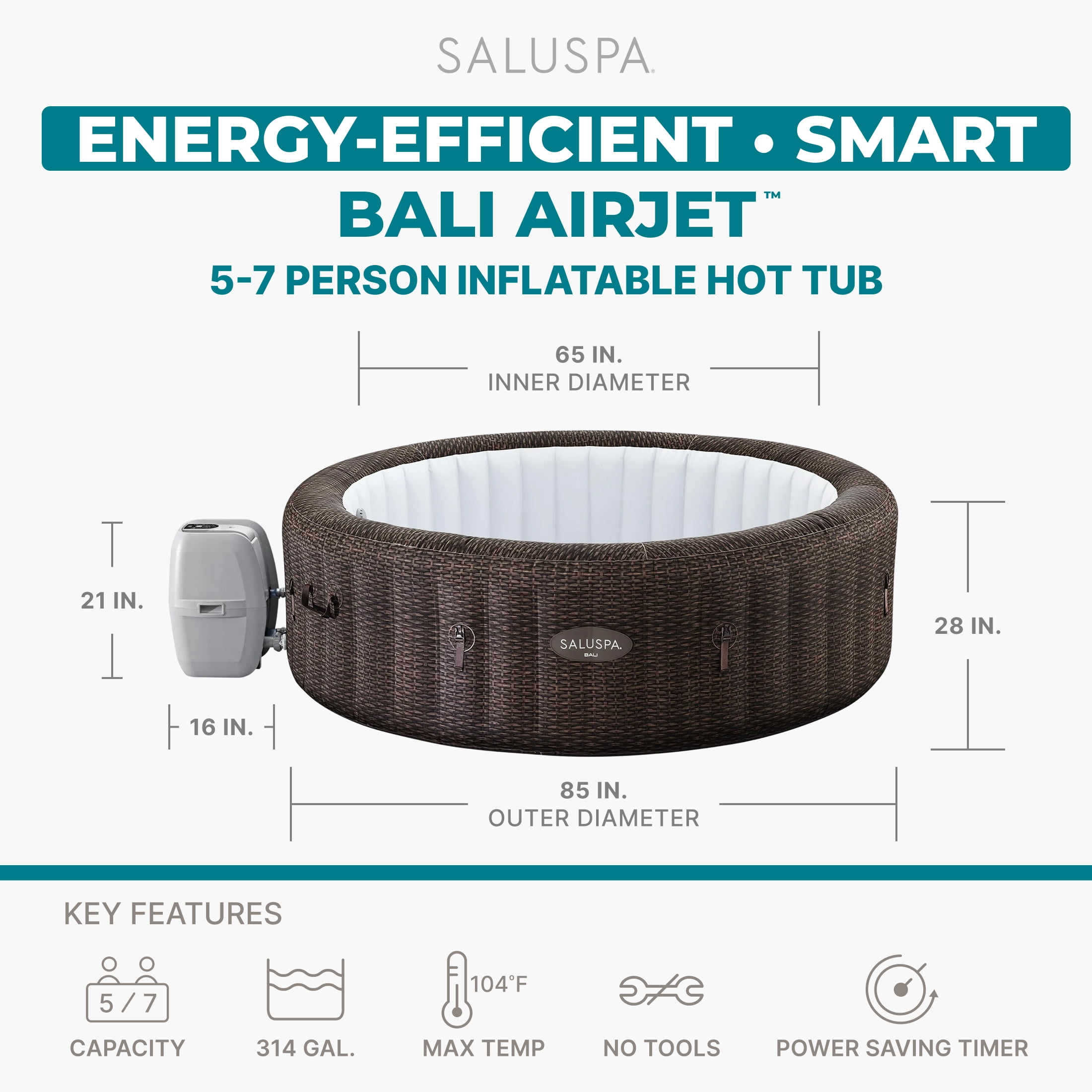 Bestway SaluSpa Bali 5-7 Person Inflatable Hot Tub, Round Energy-Efficient Spa, 85"x28"