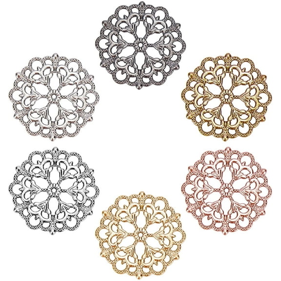 6 Colors 60pcs Flower Filigree Connector Tibetan Charm Pendants Round Filigree Metal Embellishments Findings for DIY Hairpin Necklace Jewelry Making 29mm/1.14 inch DIY