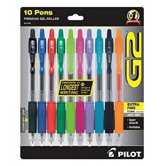 Pilot G2 Premium Retractable Gel-Ink Rolling Ball Pens, Extra Fine Point (0.5mm), Assorted, 10/Pk (14168)