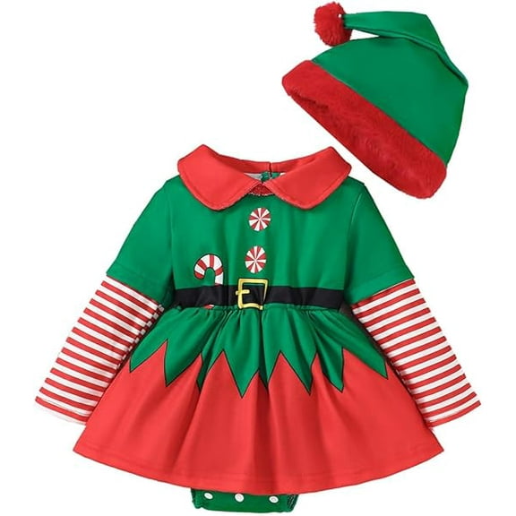 stylesilove Infant Baby Girls Green Elf Long Sleeve Romper Dress with Matching Hat 2pcs Christmas Holiday Outfit (3 Months)