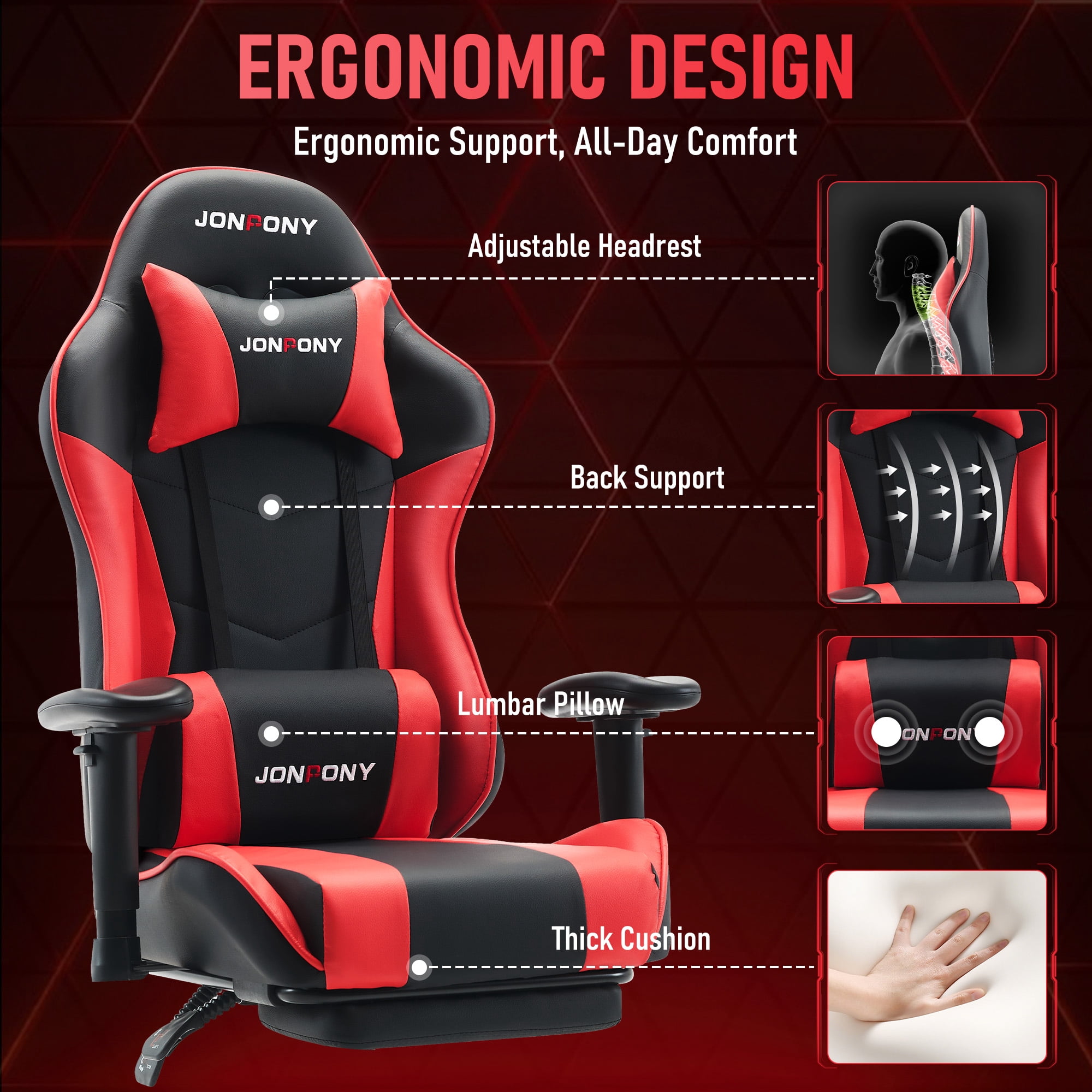 JONPONY Big and Tall 500LBS Gaming Chair with Footrest and Lumbar Support, High Back Ergonomic Recliner,Height Adjustable Leather Computer Desk Chair for Home Office, Red