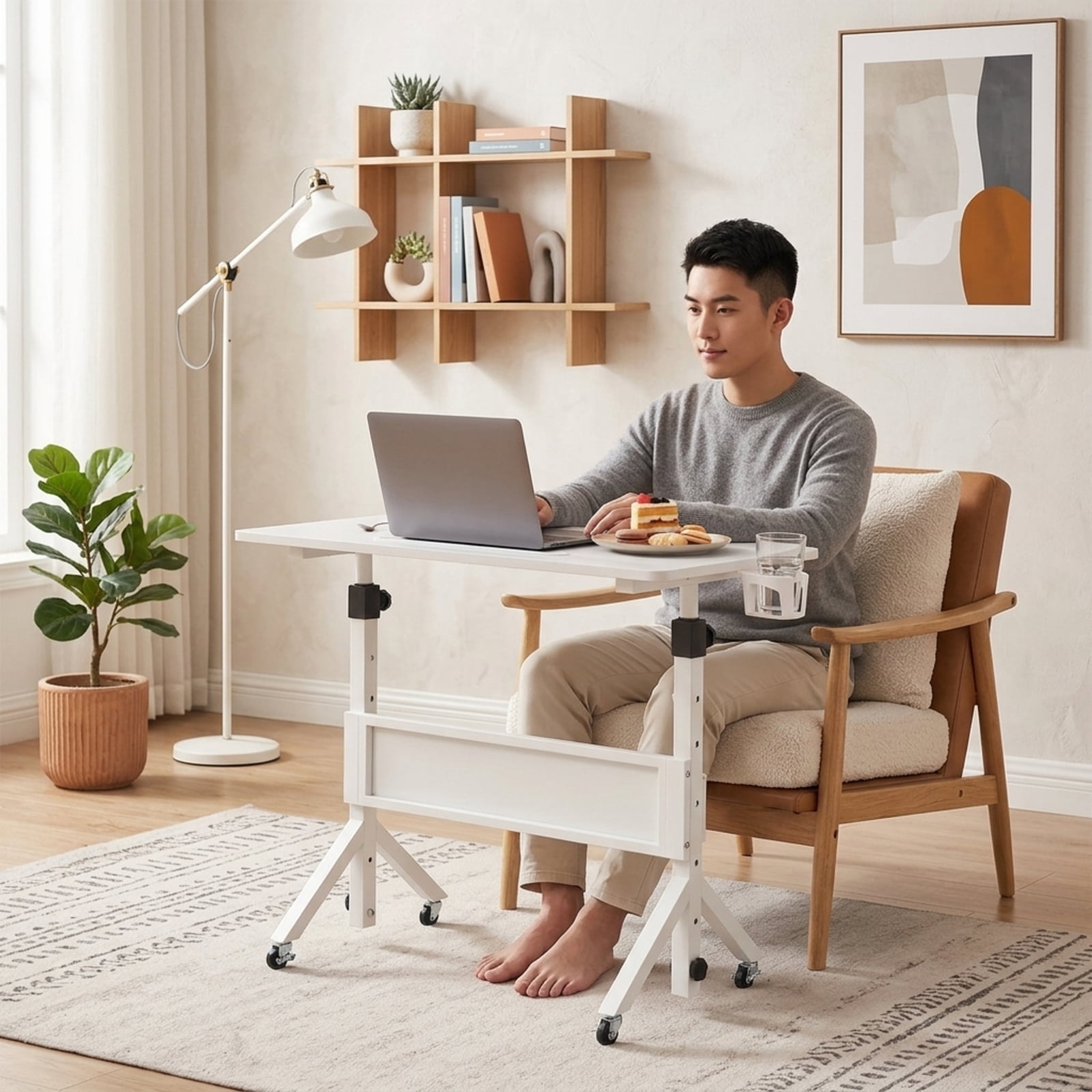 Furnibear Mobile Standing Desk and Height Adjustable Rolling Laptop Desk with Cup Holder Storage Basket and Locking Casters for Small Spaces, White