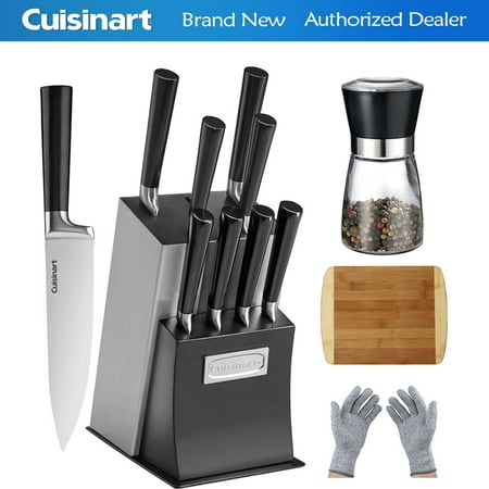 Cuisinart 11-Piece Vetrano Collection Cutlery Knife Block Set Black (C77SSB-11P) with Deco Gear Spice Mill, Home Basics Two Tone Bamboo Cutting Board & Deco Gear Safety Kitchen Cut Resistant
