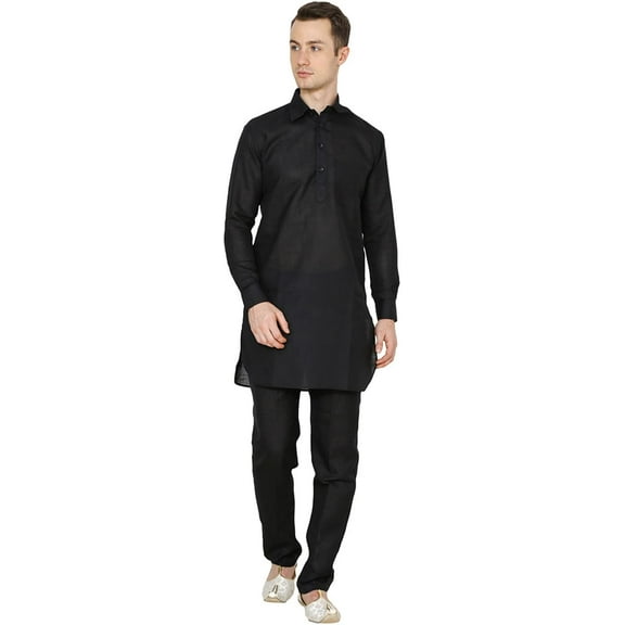 Royal Kurta Men's Linen Pathani Suit Black