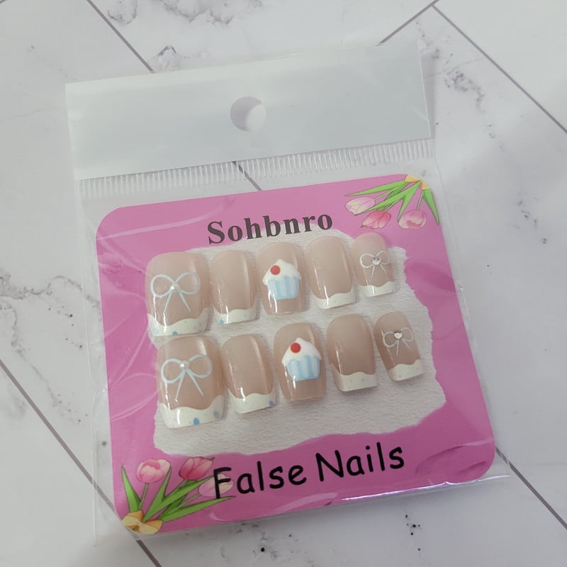Sohbnro False nails, Short Square French Tip False Nails with Sweet Dessert Design