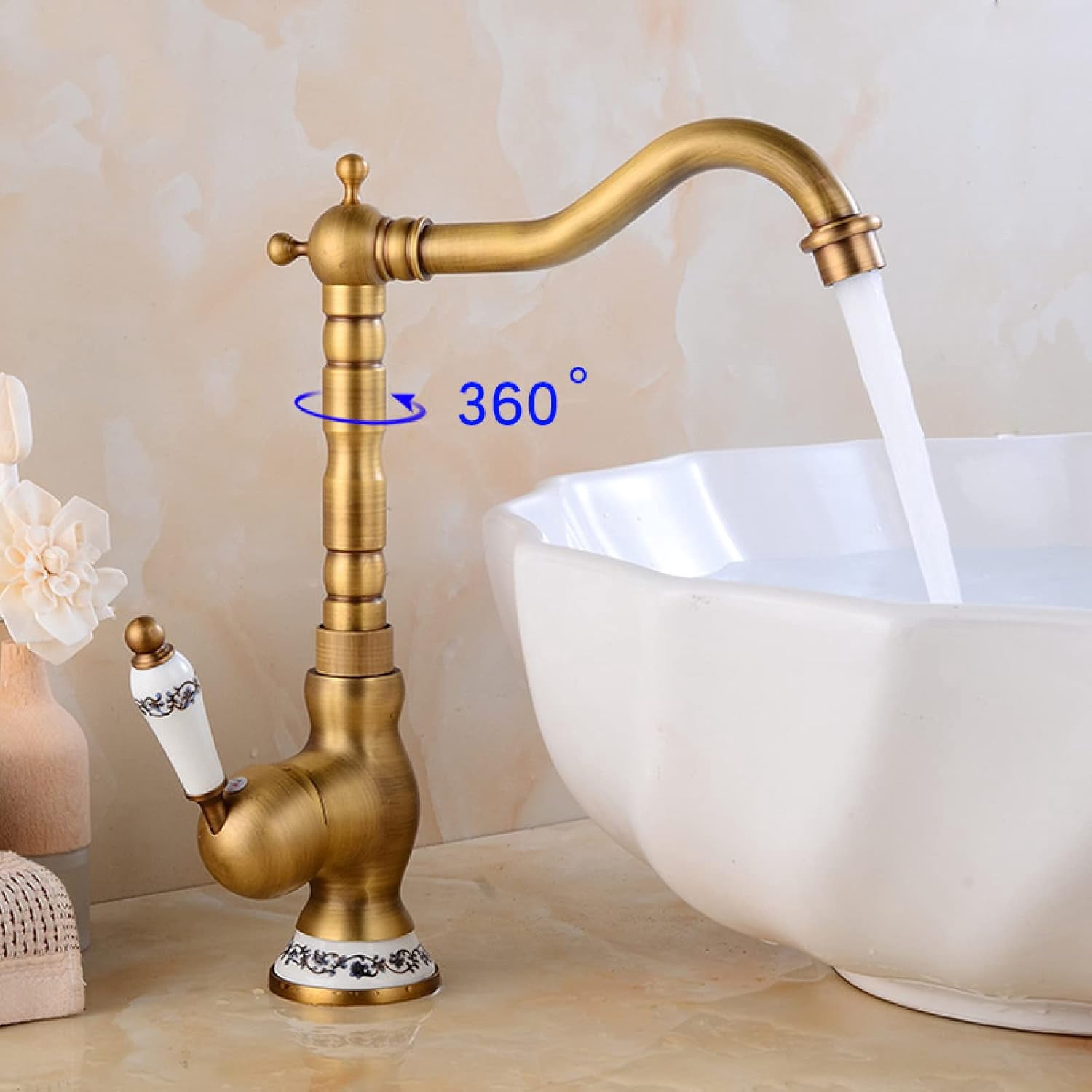 Vintage Bathroom Faucet Antique, 360 Swivel Spout Antique Brass, Cold Hot Mixer Vintage Vanity Tap, Single Handle 1 Hole Bathroom Sink Faucet, B