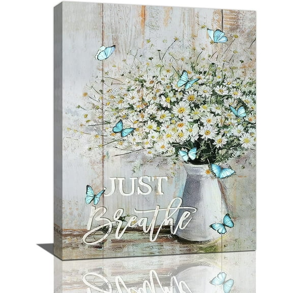 Bathroom Flower Wall Art Rustic Butterfly Floral Pictures Wall Decor Just Breathe Canvas Painting Print Butterfly Artwork Modern Home Decor Framed for Living room Bedroom Bathroom12inX16in