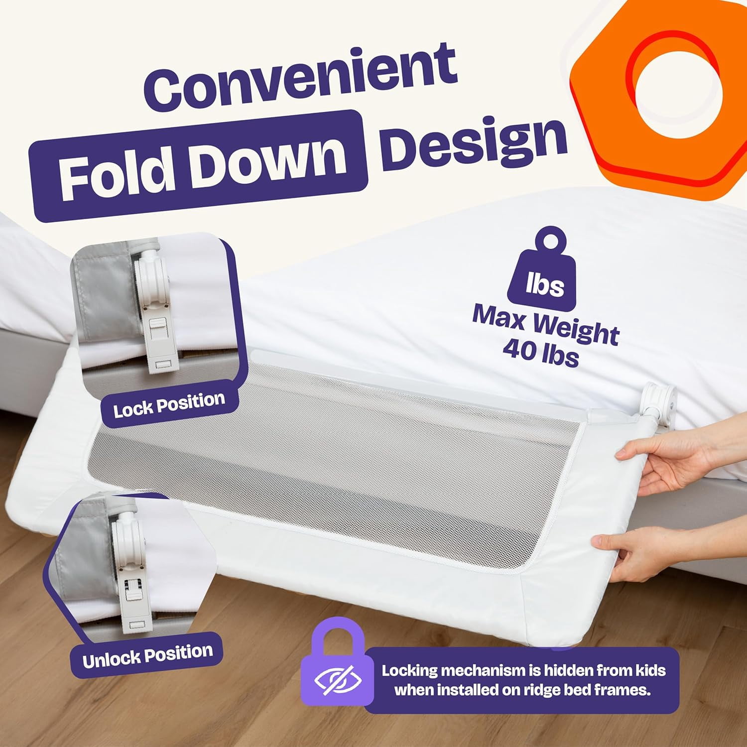 ComfyBumpy Toddler Bed Rail Guard, 35.5" x 19.5" Regular Swing Down Rail for Kids Beds, White, 1 pack