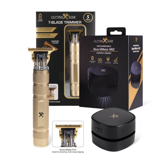 Cutting Edge Rechargeable Gold T-Blade Trimmer and BeardMate VAC Hair Cleanup Vacuum Bundle, 2 Piece