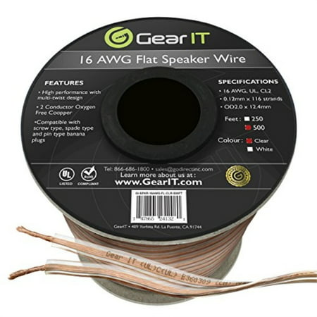 GearIT Elite Series 16AWG Flat Speaker Wire (500 Feet / 152 Meters) - Oxygen Free Copper (OFC) CL2 Rated in-Wall Installation for Home Theater, Car Audio, and Outdoor Use, (Best Speaker Wire For Outdoor Use)