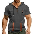 thumbnail image 3 of Men's Summer Short Sleeve Hooded Sweatshirt with Zipper Pocket, Oversized Casual Pullover for Sports, Warm Weather,Dark Gray,2XL, 3 of 6