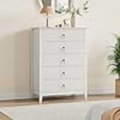 Cómoda Acanalada de 5 Cajones de 31.5 Pulgadas, Cómoda Alta Moderna de Madera con Tiradores de Metal para Recámara, Sala de Estar y Pasillo, Blanca
