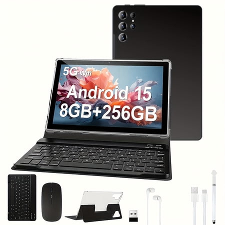 10.1 Inch Android 15 Tablet with Keyboard, 8GB RAM+256GB ROM, WiFi, IPS Screen, 2 in 1 Tablets with Case, Mouse, Stylus (Without Adapter), Tablet, Pad, Android Tablet Pad, Android Tablet, Tablet, Pad