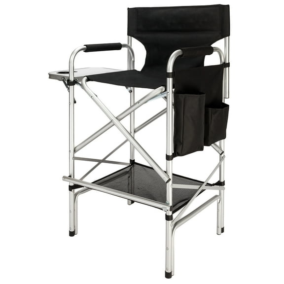 Omysalon Tall Director Makeup Artist Chair Bar Height, Aluminum Frame Supports 300 lbs, Folding Portable with Side Table Storage Bag Black(33.8" L x 19.2" W x 45.6" H)