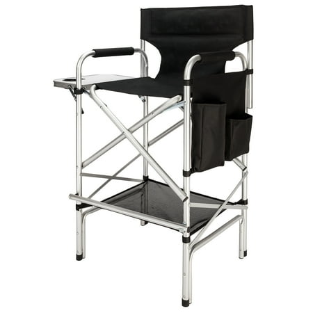 Omysalon Tall Director Makeup Artist Chair Bar Height Aluminum Frame Supports 300 lbs Folding Portable with Side Table Storage Bag Black(33.8 L x 19.2 W x 45.6 H)