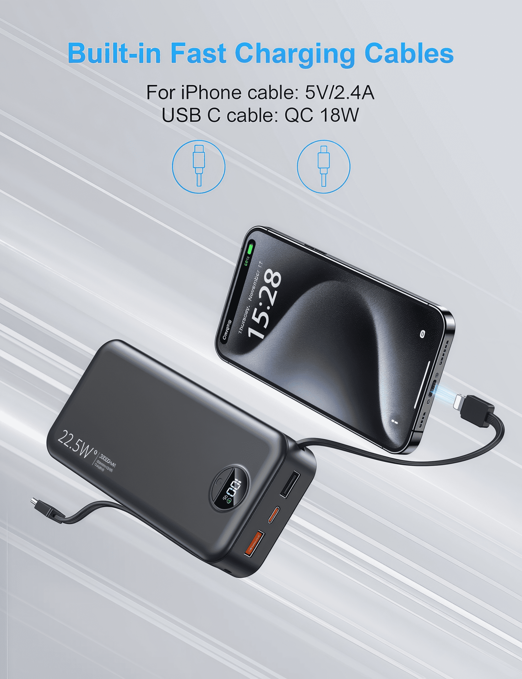 20000mAh Portable Charger Power Bank for iPhone, Cell Phone Portable Power Banks with Built-in Cables and AC Wall Plug, Dual USB Output Battery Pack for Android, Galaxy, Pixel