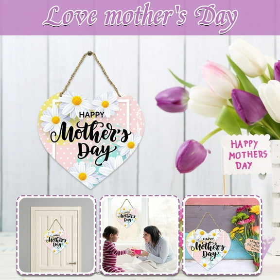 AURIGATE Happy Mother's Day Heart-Shaped Wooden Hanger Decoration Welcome Sign for Front Door Window Office Flower Wreath Hanging Plaque for Party Years of Celebrations
