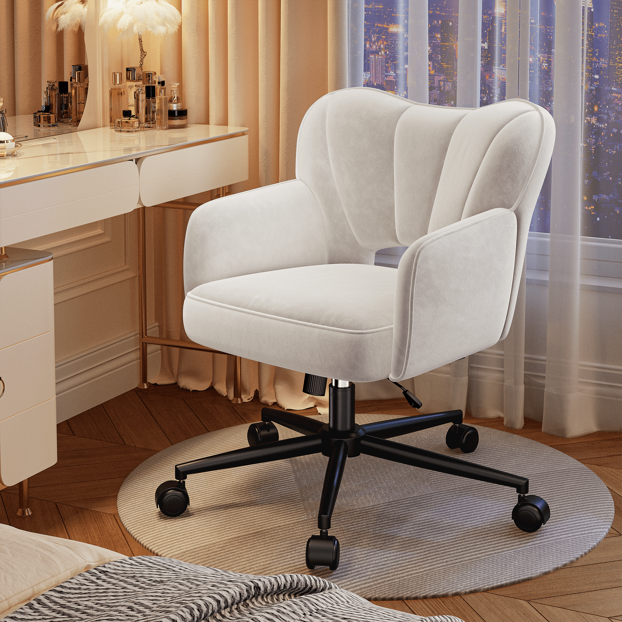 Romorgniz Vanity Chair with Wheels & Back Desk Chair Adjustable Height for Makeup, Work & Relaxation, White