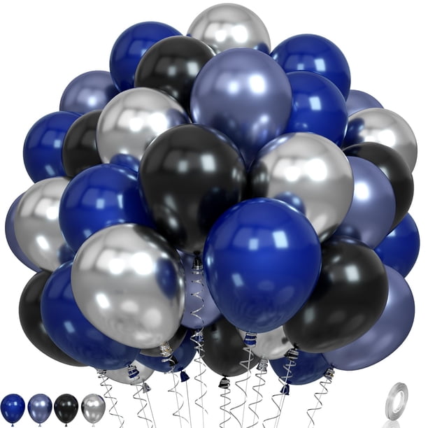 Globos de fiesta Paready de látex azul, negro y plateado, 60 unidades, 30 cm