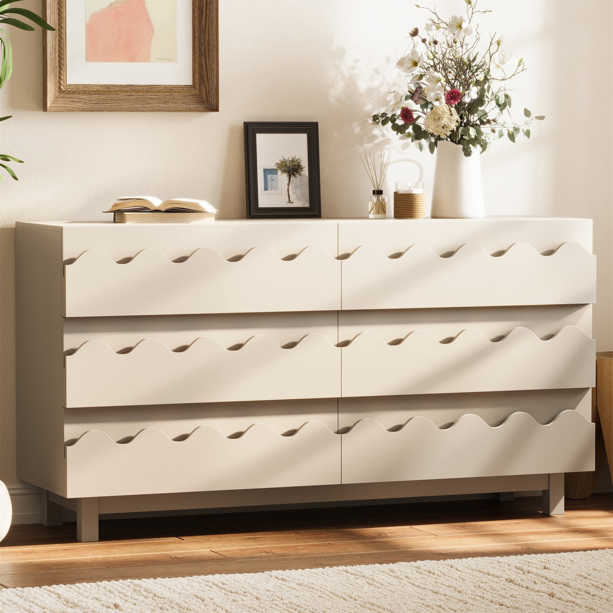Alvantor 6 Drawer Dresser, 60" Wide Wooden Chest of Drawers, Fluted Dresser for Bedroom Ivory