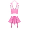thumbnail image 2 of Eandarui Women's Sexy Wet Look Leather Lingerie Outfits Halter Lapel Crop Vest Top with Miniskirts Pink 4XL, 2 of 6