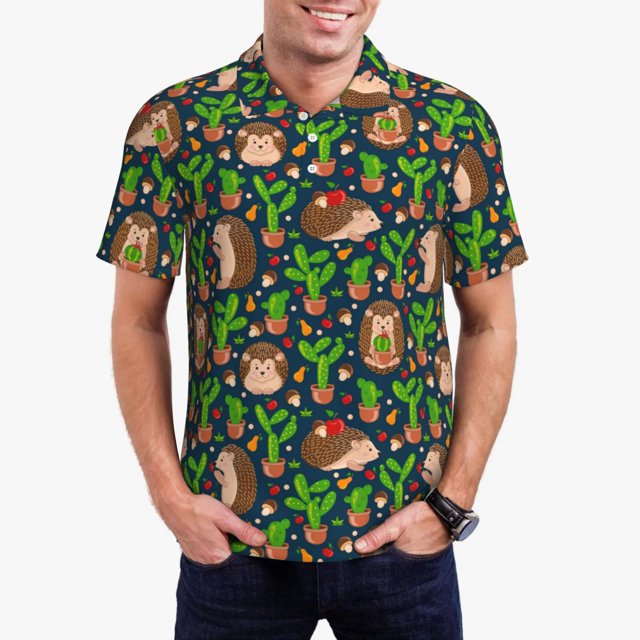 Fotbe Cute Hedgehogs Cactus Blue Camiseta Polo de Golf para Hombre con Estampado – Camisa Deportiva Transpirable con Cuello Abotonado-Large