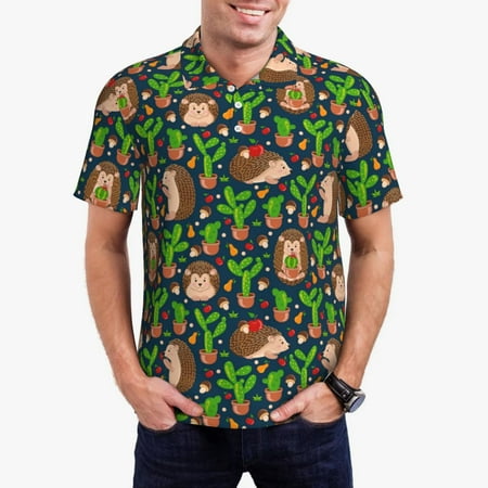 Haiem Cute Hedgehogs Cactus Blue Pattern Mens Polo Shirts Quick Dry Short Sleeve Golf T Shirt Performance Moisture Wicking Casual Workout-Small