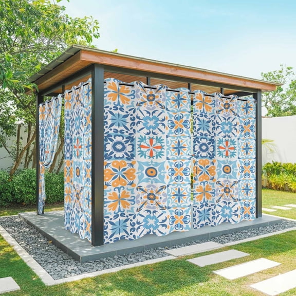 Outdoor Curtains for Patio Waterproof, Blue Mediterranean Windproof Pravicy Outside Porch Blackout Curtain, Vintage Moroccan Tiles Texture Sun Blocking Grommets Curtains for Cabana Gazebo 54"x108"