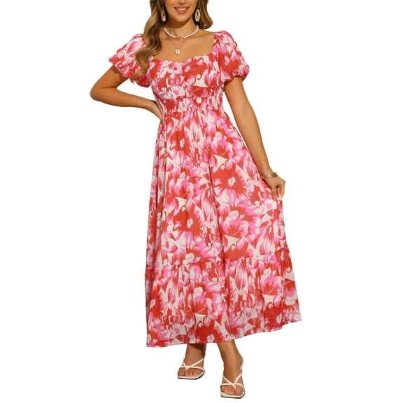 INSPIRE CHIC Women's Floral Dresses Square Neck High Waist Smocked Back Tiered Maxi Dress S Pink