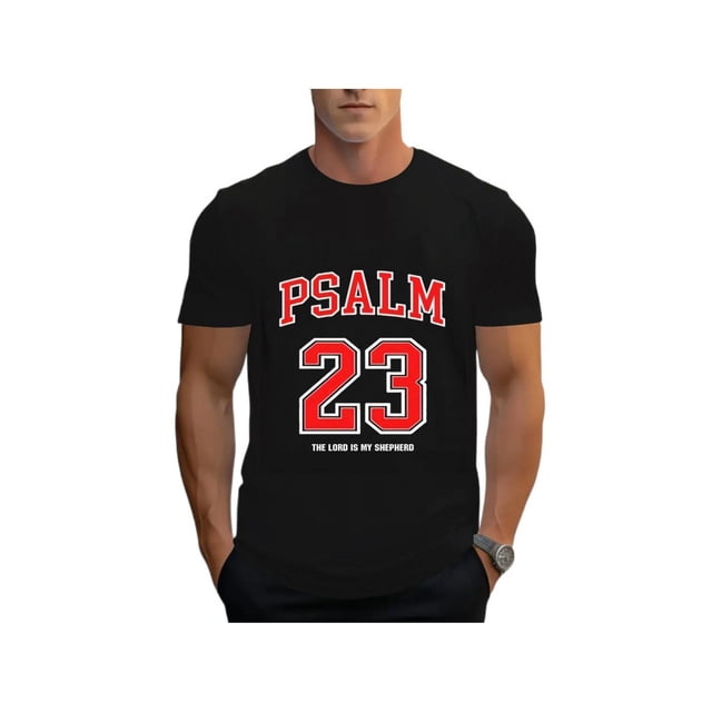 Men's Casual Psalm 23:9 Graphic T-Shirt - Short Sleeve, Round Neck, Black with Red & White Print, Perfect for Summer Sports & Leisure Activities