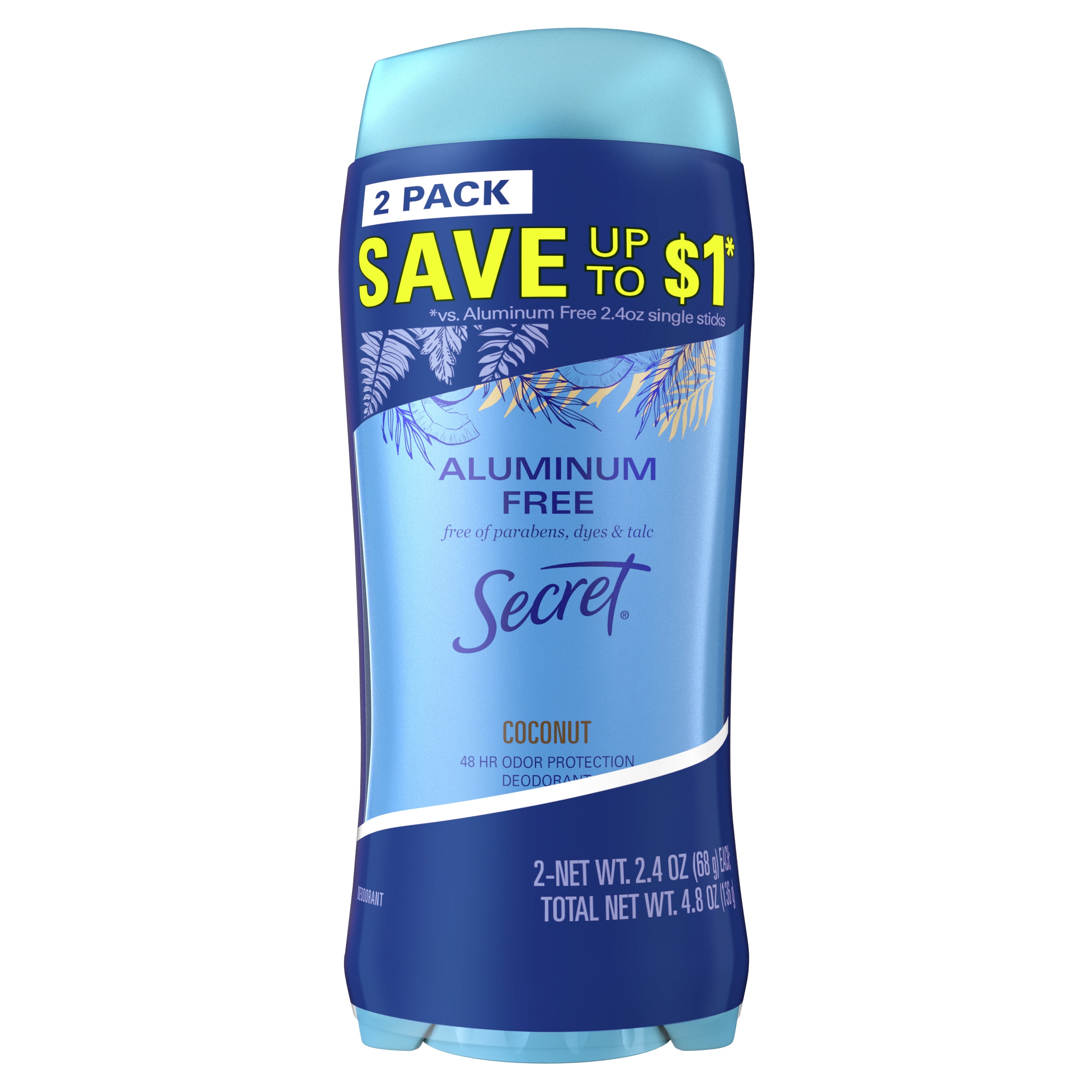 Secret Aluminum Free Deodorant Coconut, 2.4 oz, Pack of 2