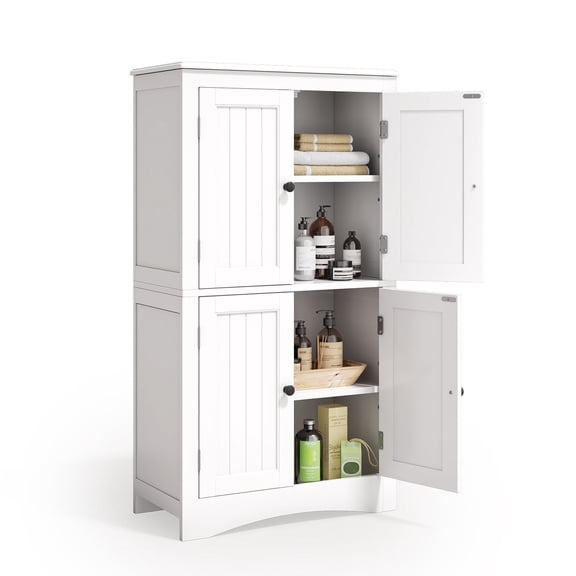 Asofer Bathroom Floor Storage Cabinet, Freestanding Cabinet with 4 Doors, Adjustable Shelves, White