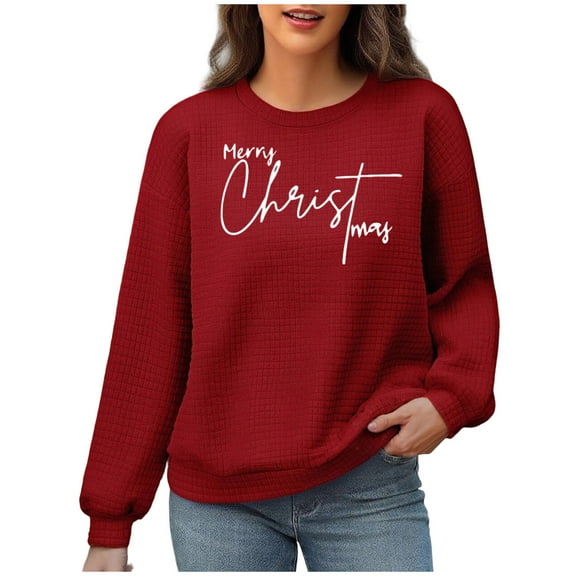 Lcziwo Womens Waffle Knit Christmas Sweatshirt Cute Graphic Print Oversized Tops Casual Trendy Long Sleeve Shirts Crew Neck Fall Outfits 2025 Red,S