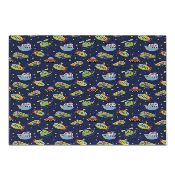 Cartoon Airplane Cutting Board, Transportation Theme Boys Playroom Pattern with Cars Submarines and Planes, Decorative Tempered Glass Cutting and Serving Board, Small Size, Multicolor, by Ambesonne