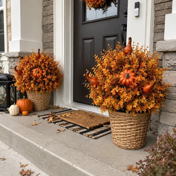 2PC Artificial Fall Pumpkin Tree Stakes Outdoor Autumn Decor with Orange Foliage & Gourds, Seasonal Garden Plant for Porch Entryway, 4ft (1PC)