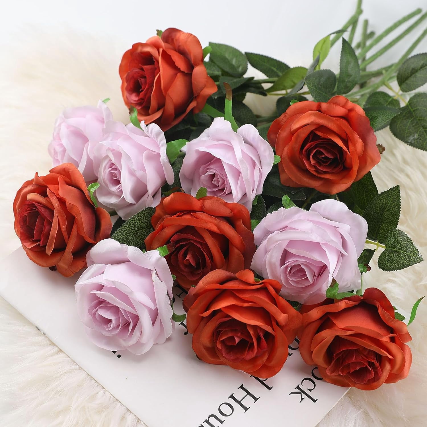 Orange Fake Roses Artificial Flowers - Fake Artificial Roses Silk Flowers with Stems for Home Wedding Hotel Office Centerpiece Decor（Burnt Orange）