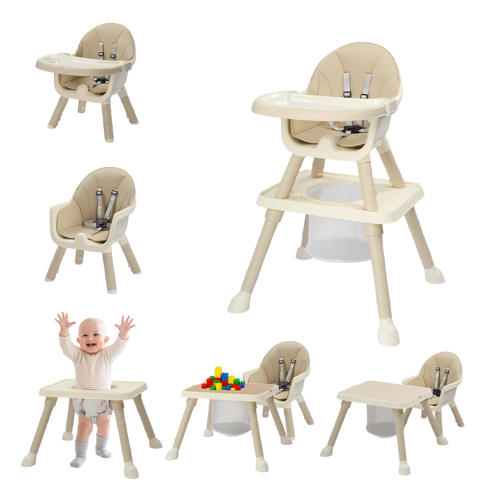 PEXMOR 7 in 1 Convertible Baby High Chair, Leather Cushion Eating Table Chair Set for Babies Toddlers, Beige