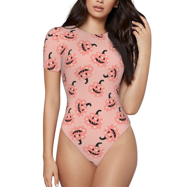 Balery Smiling Pink Pumpkins Body de cuello redondo de manga corta para mujer Tops de manga corta Tops básicos-Medium