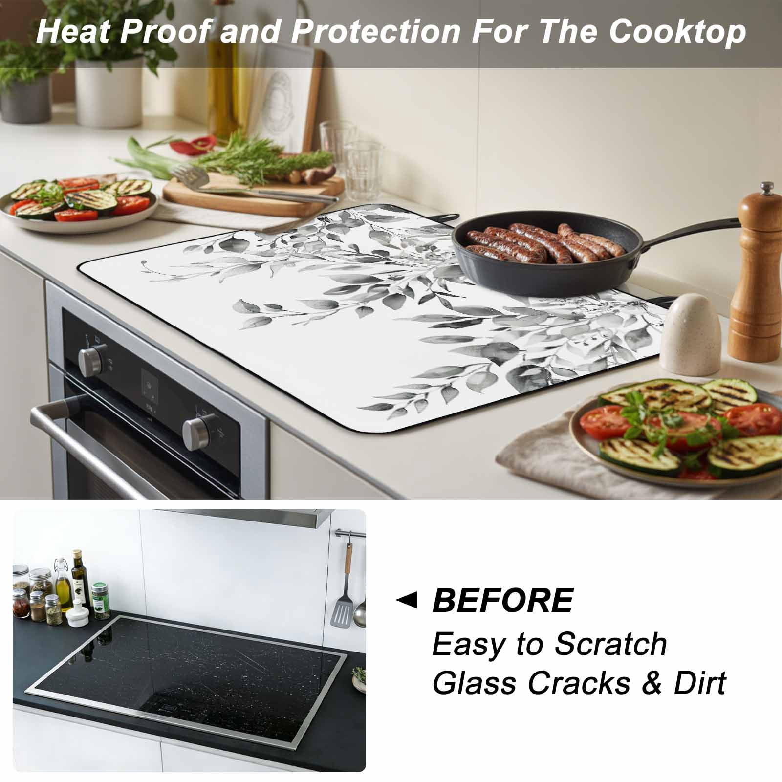 Grey Eucalyptus Leaves Stove Top Cover for Electric Stove, Heat-proof & Non Slip Glass Top Stove Cover Protector, Watercolor Weeping Botanical Kitchen Flat Cooktop Rubber Mat 24x21 Inches