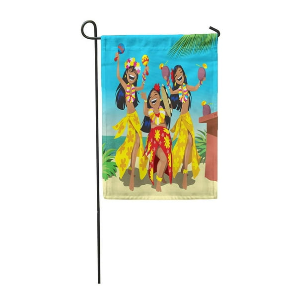 POGLIP Hawaii Party Three Young Hula Girls Dancing on The Beach Garden Flag Decorative Flag House Banner 12x18 inch