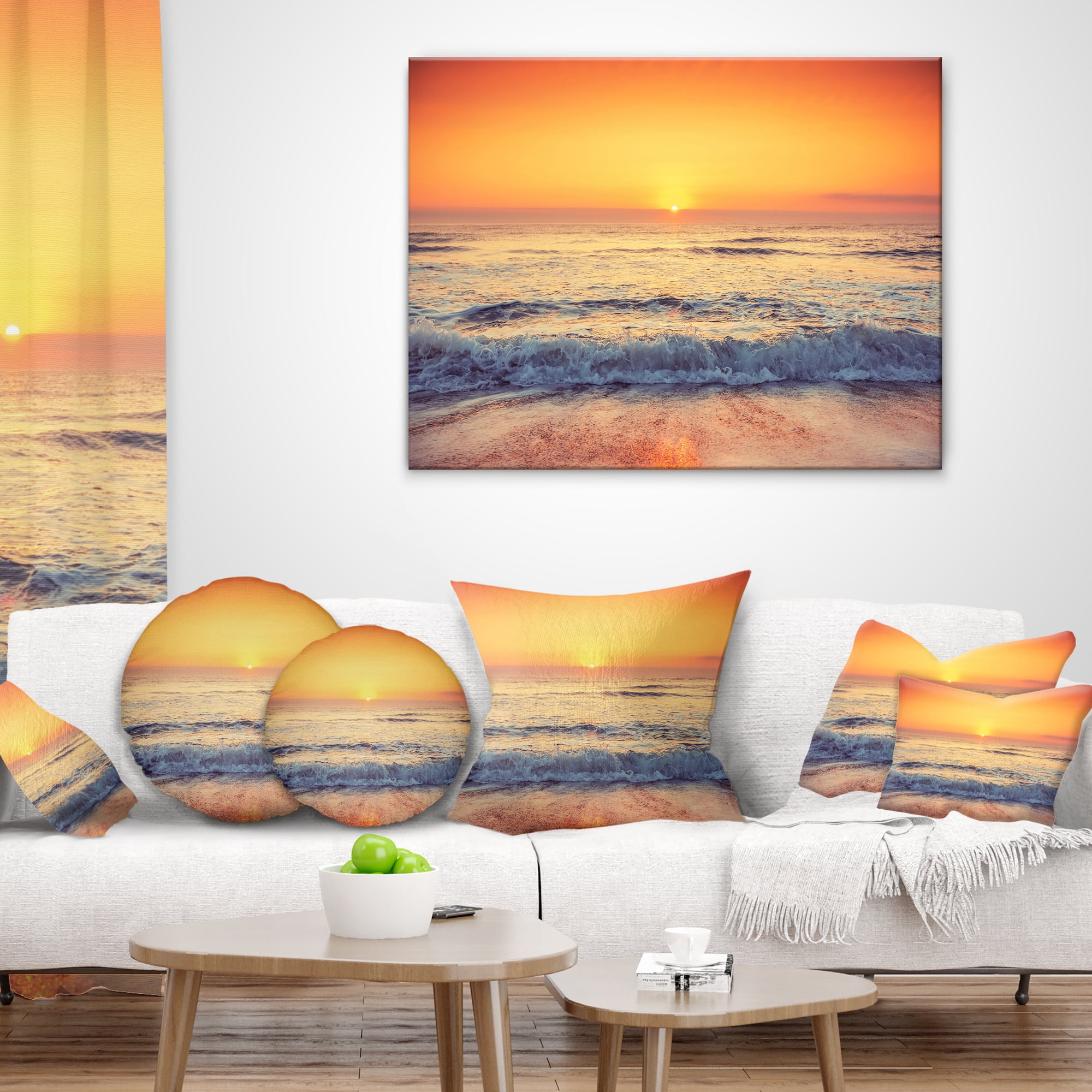 Designart Yellow Cloudscape over Seashore - Beach Throw Pillow - 18x18
