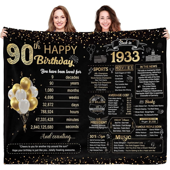 Happy 90th Birthday Gifts for Women Men 90th Birthday Decorations Vintage Back in 1933 Blanket 90 Year Old Birthday Gift Ideas for Her Him 1933 Old Time Information Throw Blanket Gold 50x60 inches